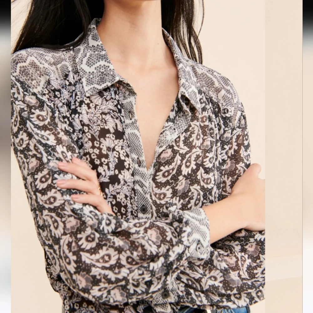 Free People Danni Button‎ down blouse snake print floral top